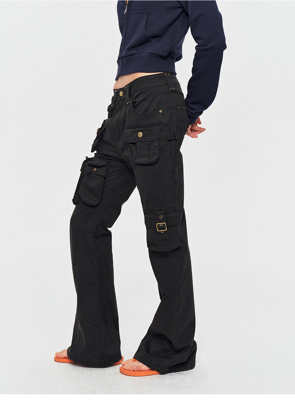 MADWITCH STUDDED LOW-RISE FLARED CARGO PANTS #CN3657