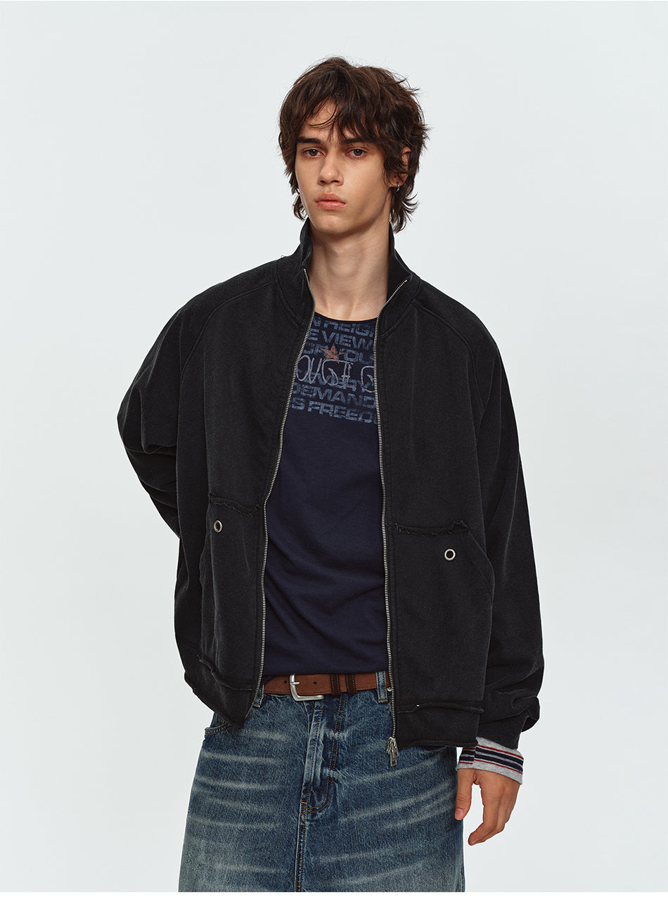 MADWITCH WASHED EYELET-POCKET ZIP SWEATSHIRT JACKET #CW1382