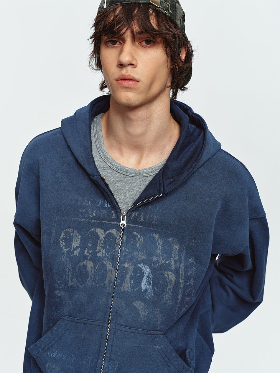 MADWITCH WASHED DISTRESSED PORTRAIT-GRAPHIC OVERSIZED ZIP HOODIE #27590