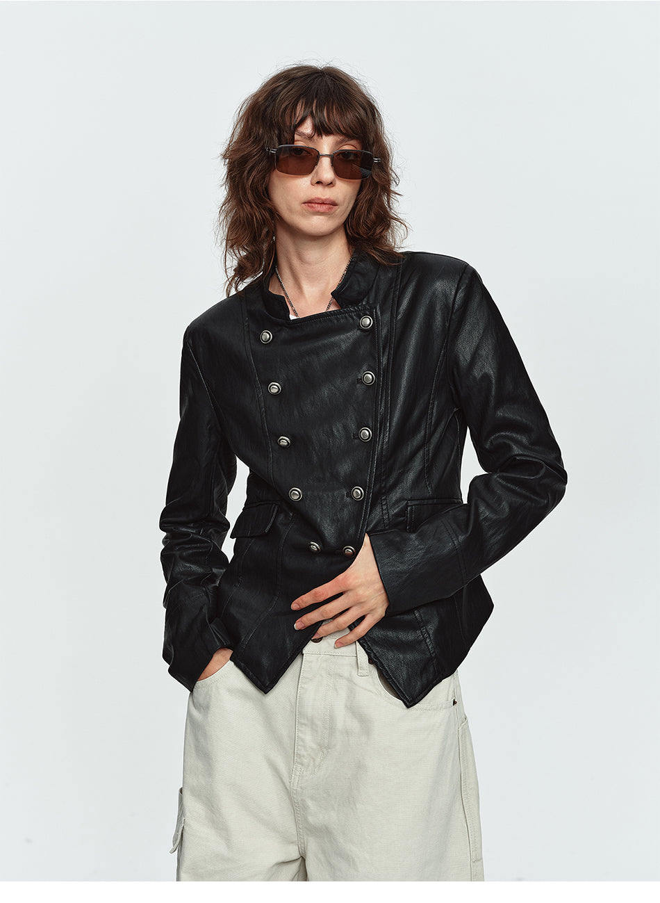 MADWITCH ASYMMETRIC DOUBLE-BREASTED CROPPED FAUX-LEATHER JACKET #C2026351