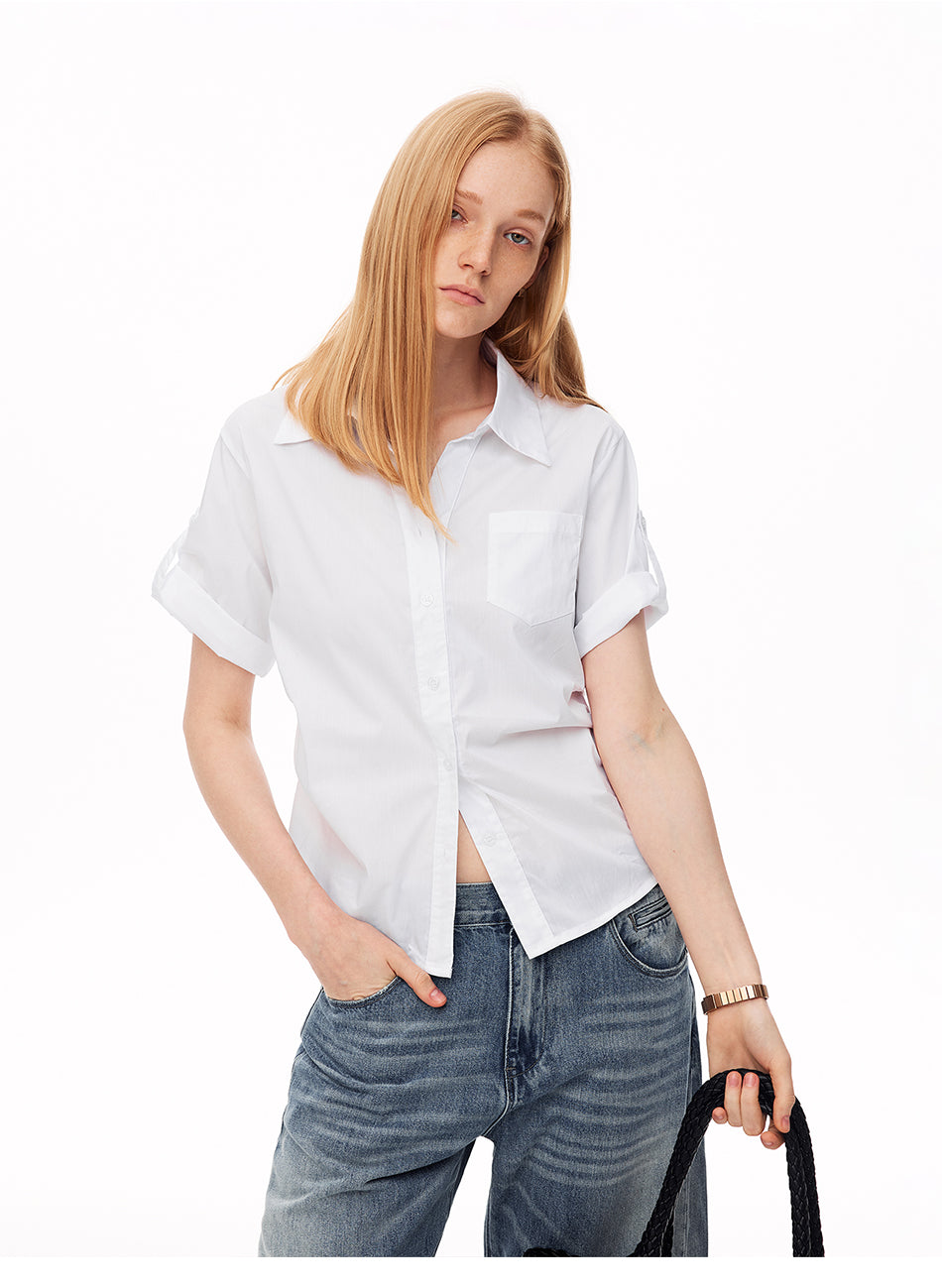 MADWITCH RUFFLED WAIST SINGLE POCKET SHORT SLEEVE SHIRT #G26472
