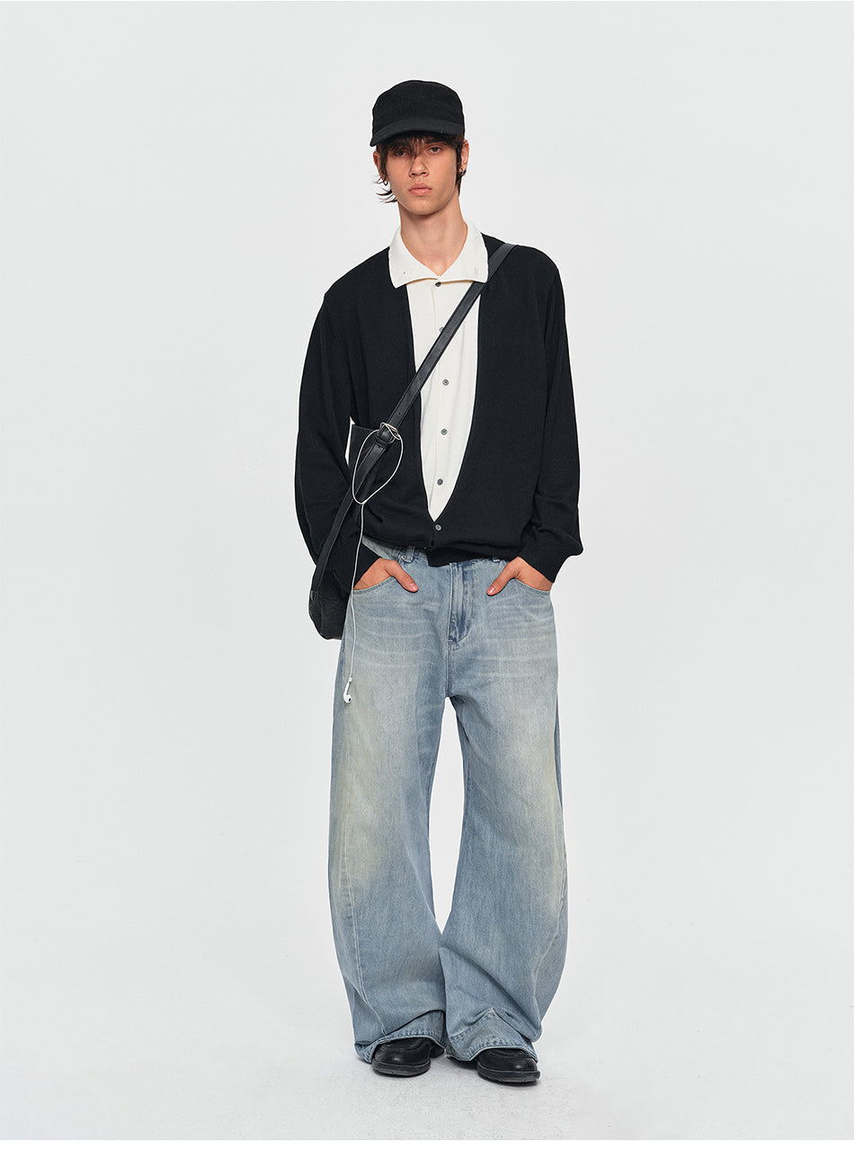 MADWITCH LAYERED SHIRT-COLLAR CONTRAST-PLACKET KNIT CARDIGAN #UTU085