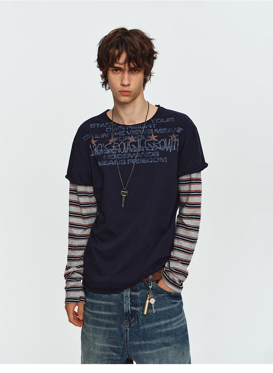 MADWITCH STRIPED-LAYERED LETTER-PRINT LONG-SLEEVE T-SHIRT #TC186