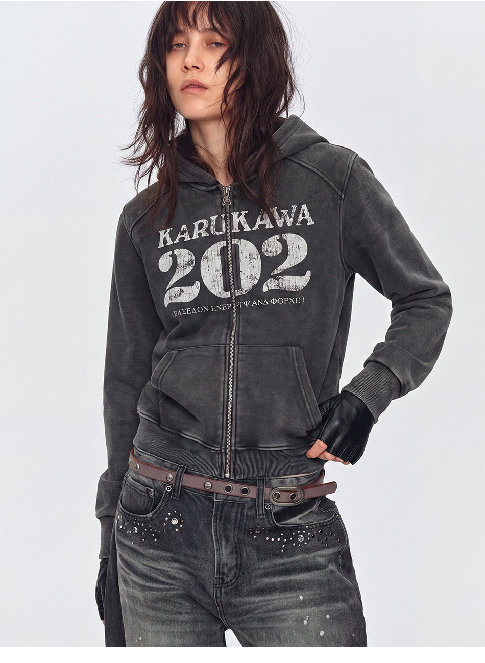 MADWITCH CRACKED-PRINT WASHED ZIP HOODIE #CW1375N