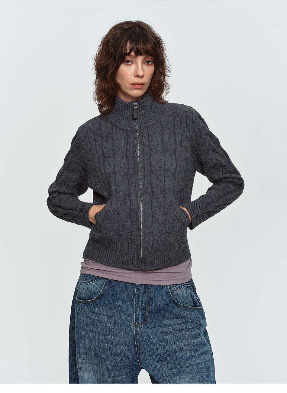 MADWITCH CABLE-KNIT STAND-COLLAR CARDIGAN SWEATER #L2026709