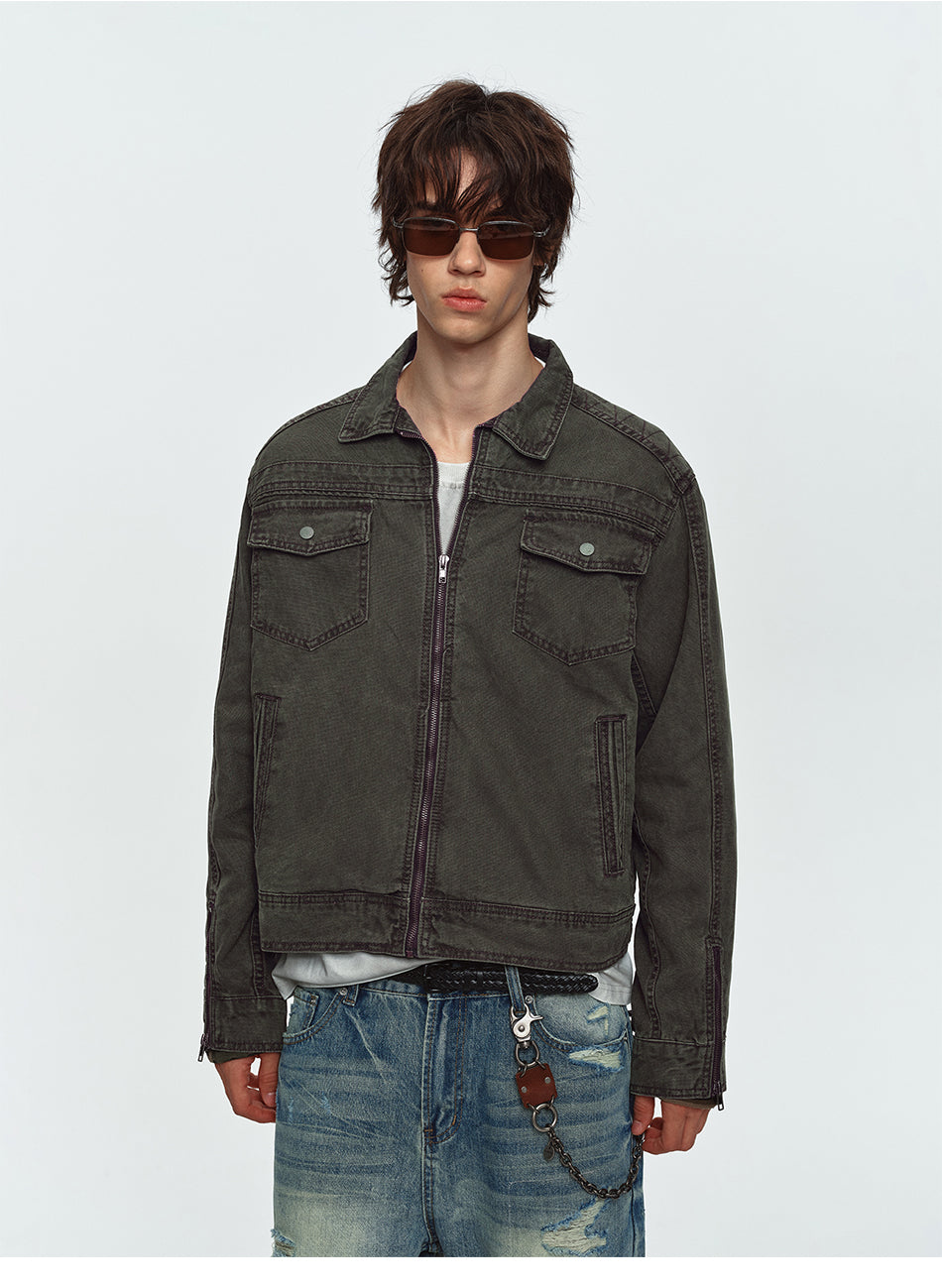 MADWITCH WASHED DISTRESSED COLLARED CROPPED DENIM JACKET #DY3016