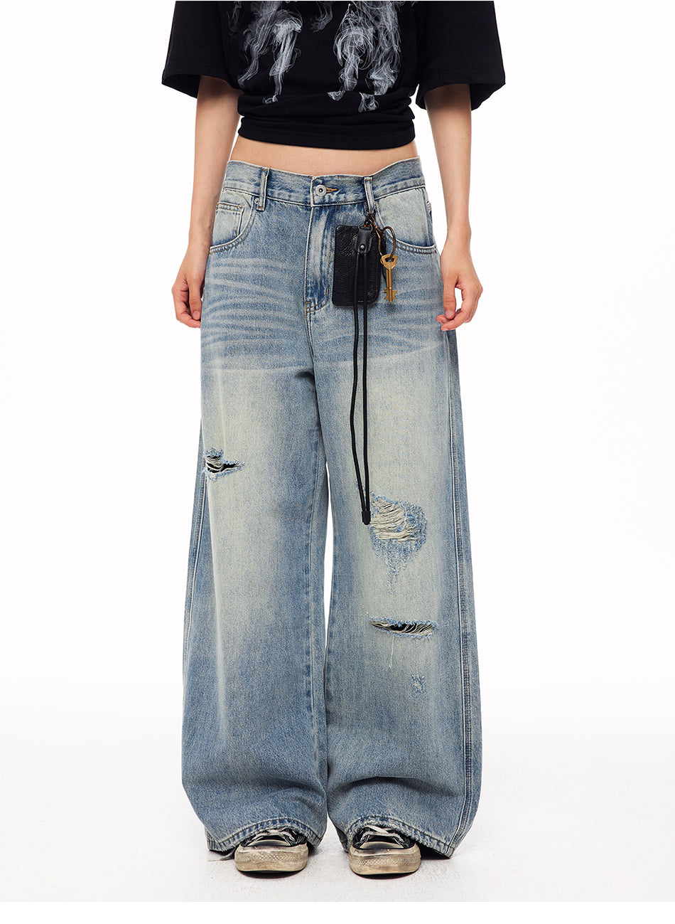 MADWITCH DISTRESSED BUCKLE-BACK WIDE-LEG JEANS #CK9839