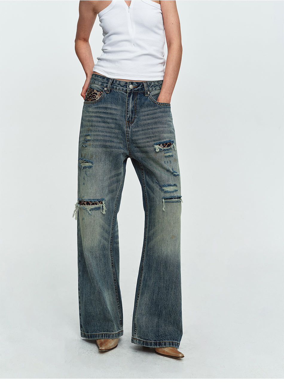 MADWITCH LEOPARD-POCKET DISTRESSED WIDE-LEG JEANS #G60073
