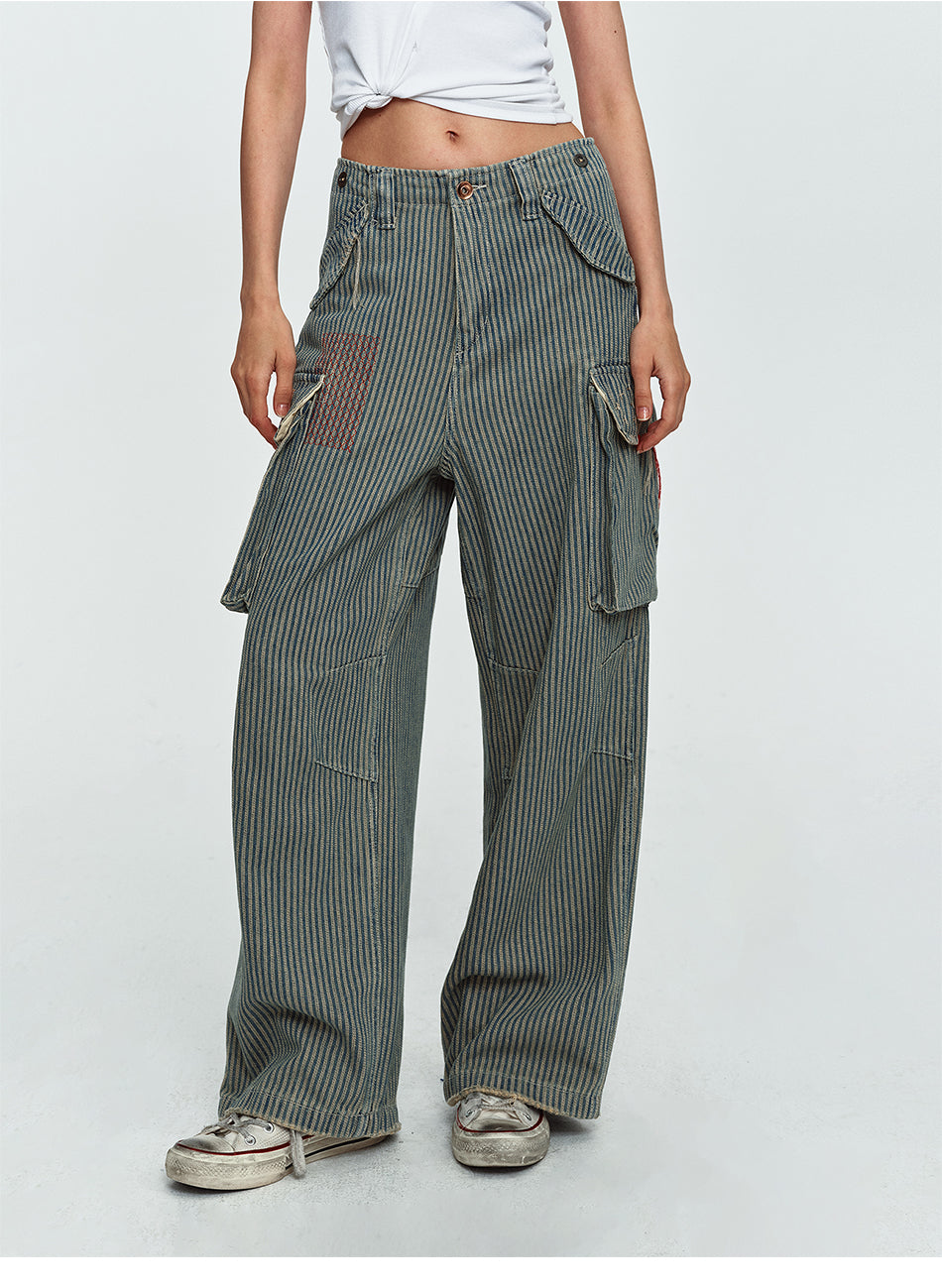 MADWITCH WASHED STRIPED MULTI-POCKET CARGO PANTS #CK9860
