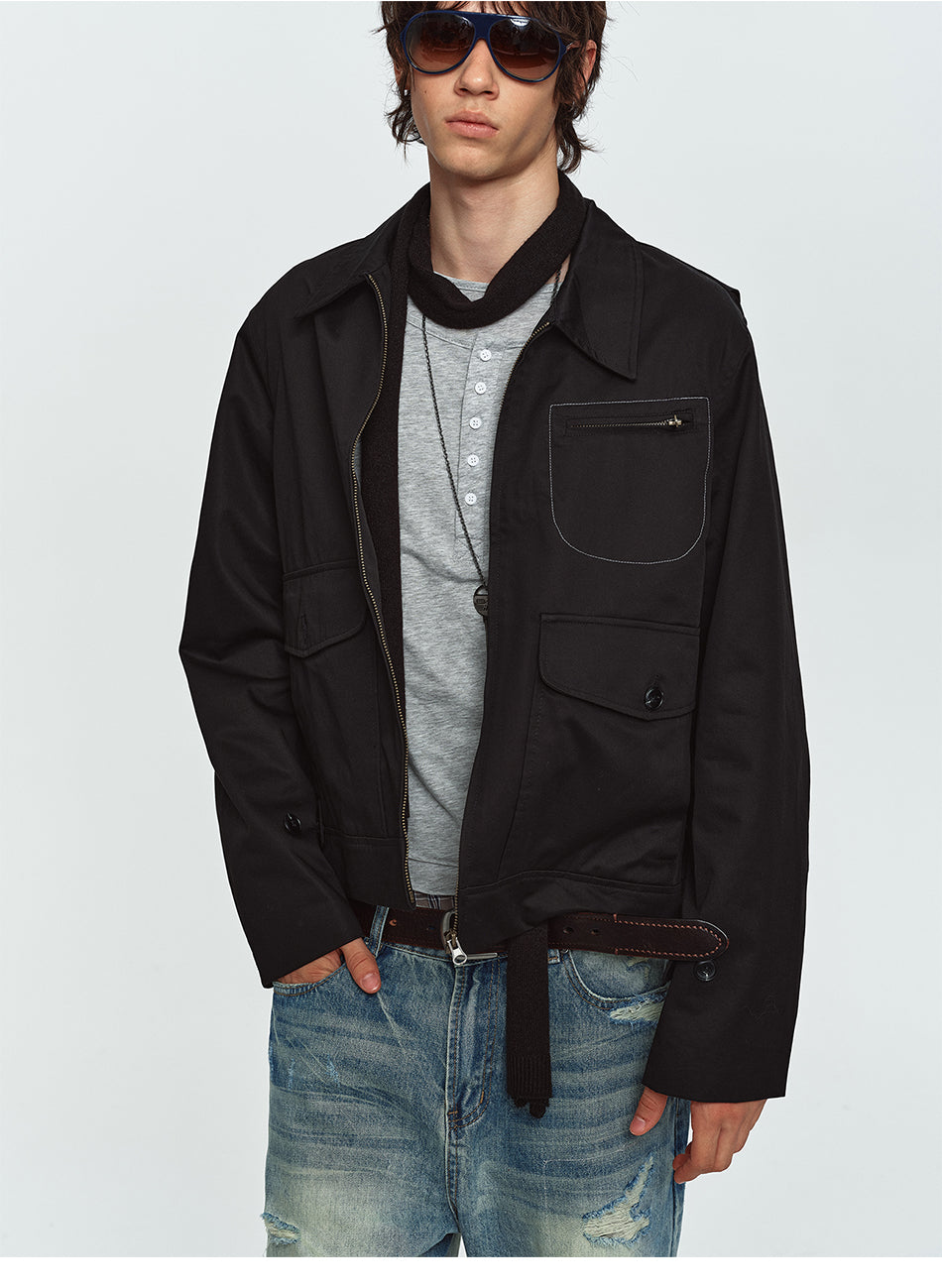 MADWITCH CONTRAST-STITCH MULTI-POCKET COLLARED UTILITY JACKET #GPCW1379