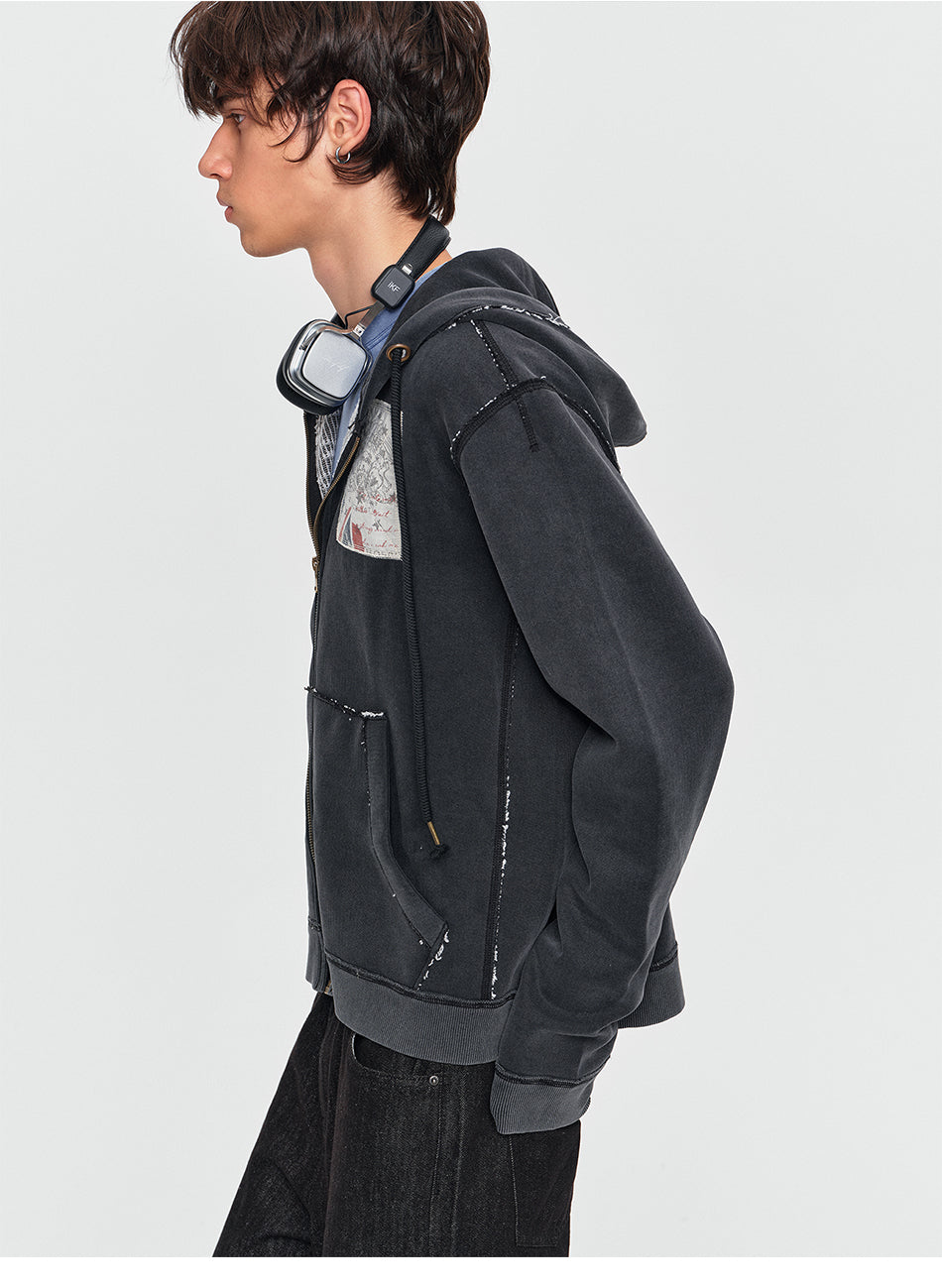 MADWITCH WASHED GRAPHIC-PATCH CROPPED ZIP HOODIE #2606WT5096