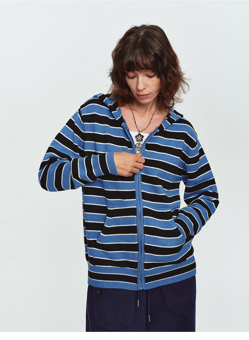 MADWITCH STRIPED EMBROIDERED ZIP HOODED CARDIGAN #L2026746