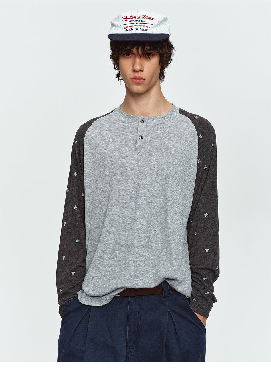 MADWITCH STAR-PRINT COLOR-BLOCK RAGLAN HENLEY TEE #2607TX5113
