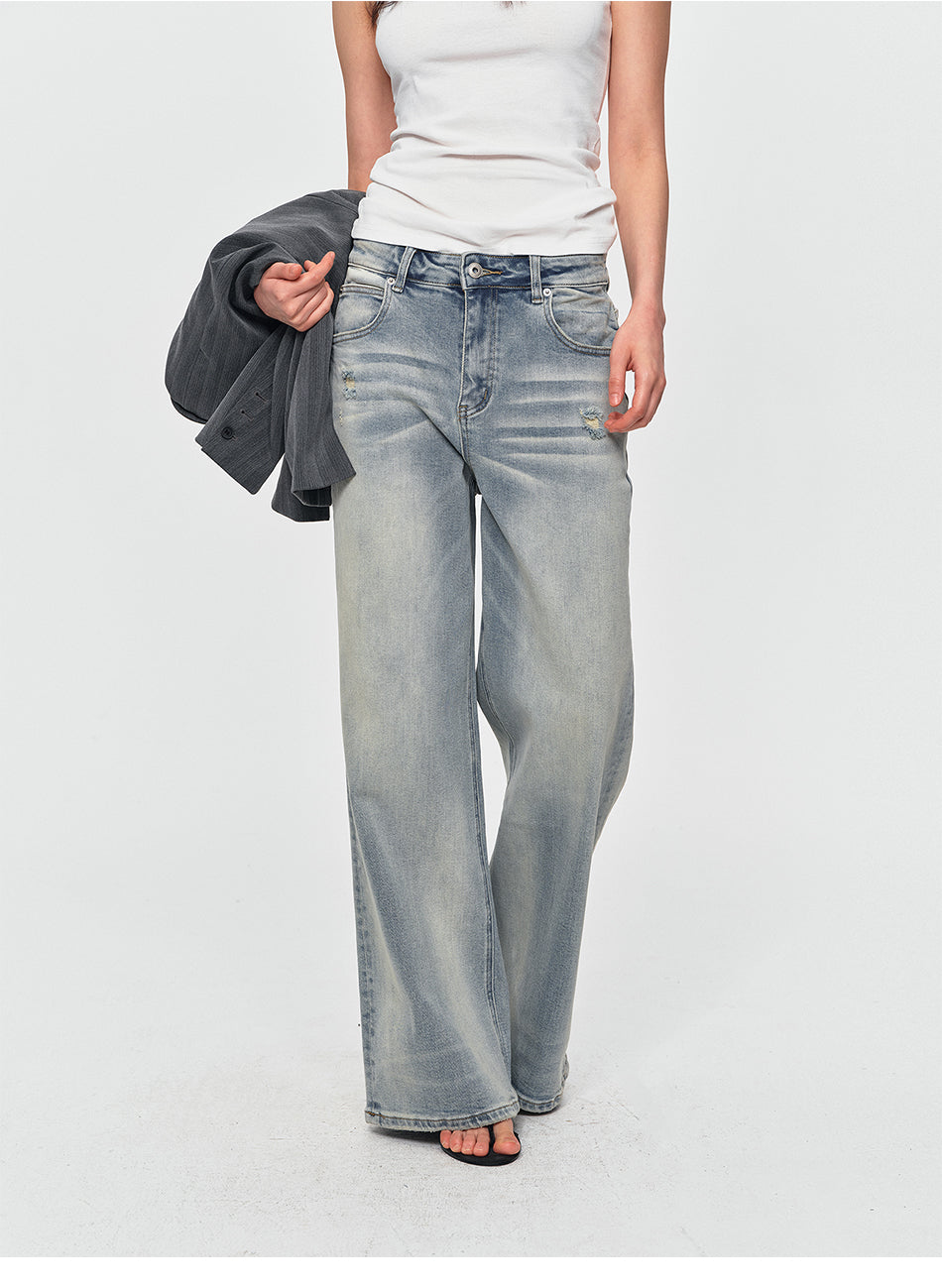 MADWITCH VINTAGE WASHED DISTRESSED WIDE-LEG JEANS #BKJ7601