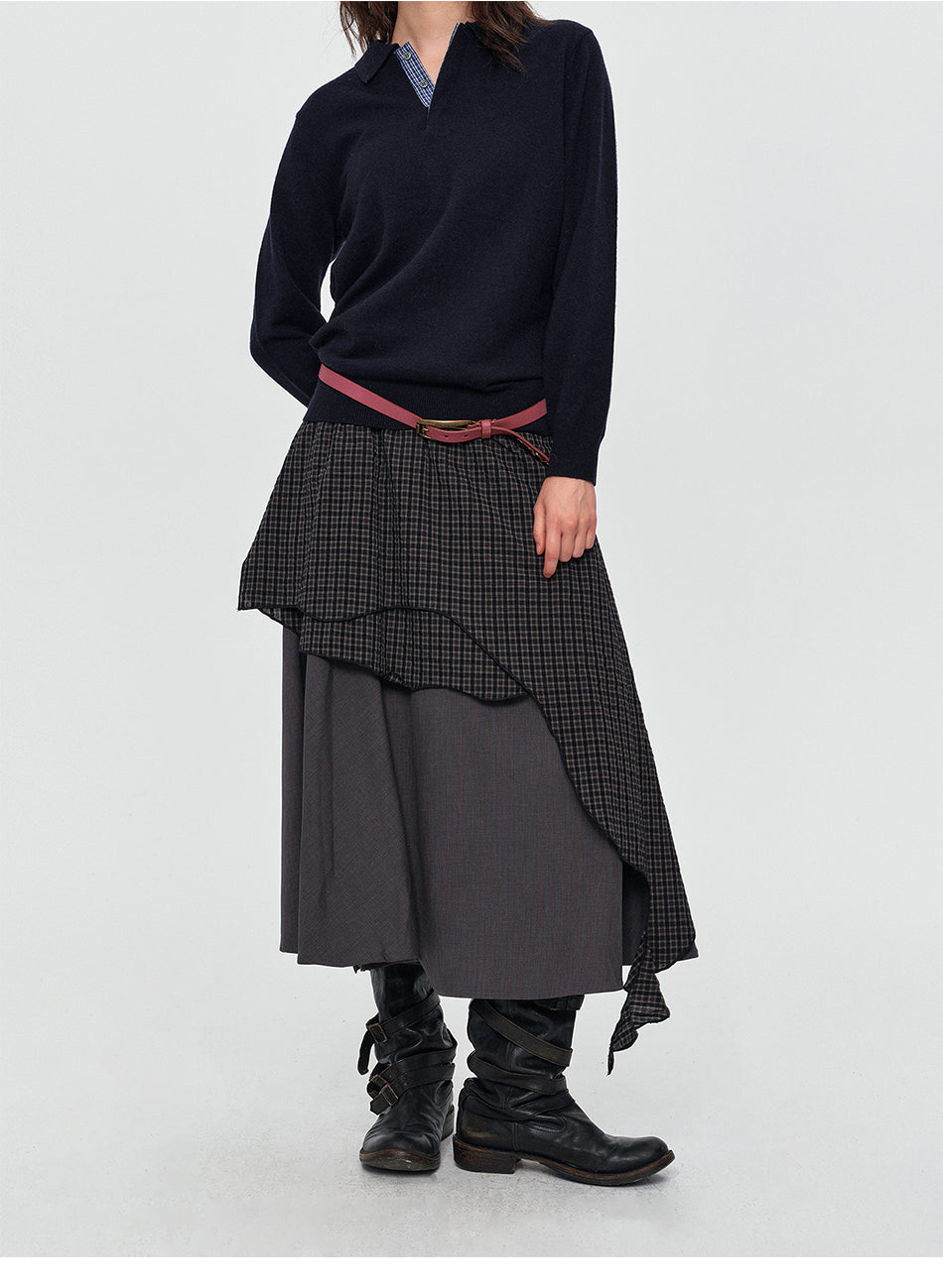 MADWITCH ASYMMETRIC LAYERED PLAID FLARE MIDI SKIRT #K102