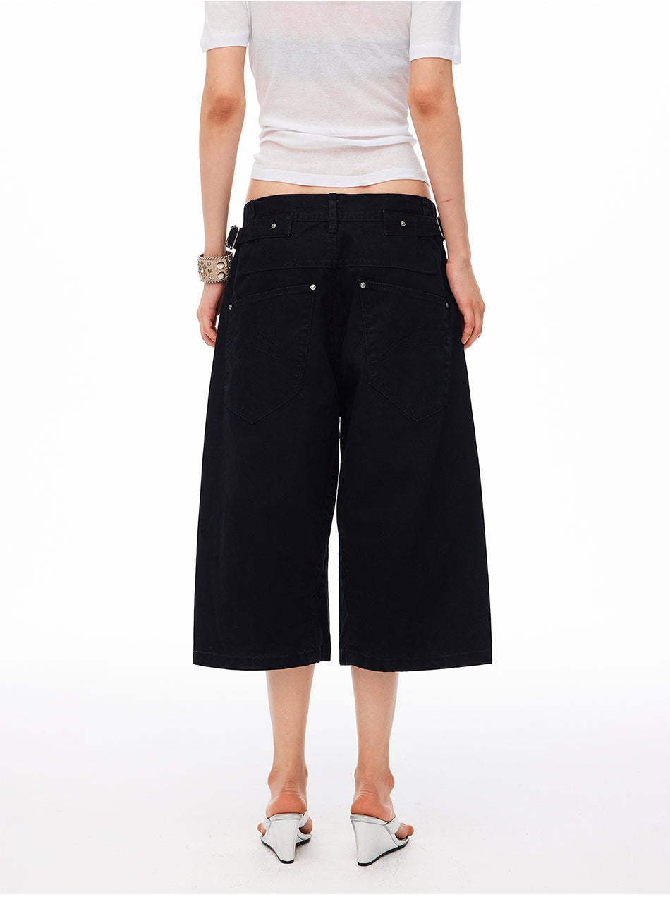 MADWITCH WASHED DISTRESSED ADJUSTABLE CAPRI PANTS #GPC9850D