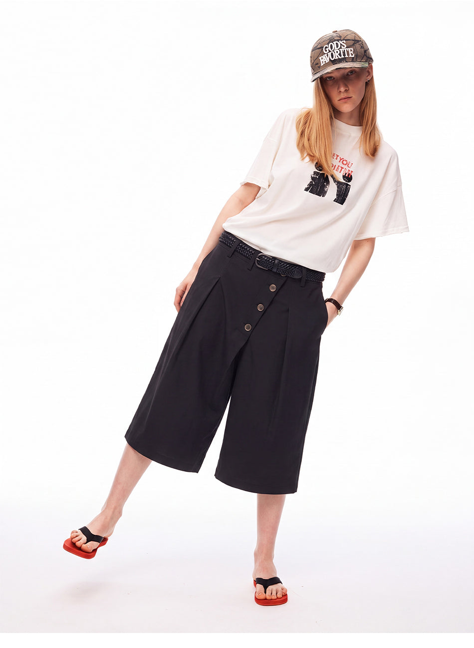 MADWITCH ASYMMETRIC BUTTONED WIDE-LEG CAPRI PANTS #C1012