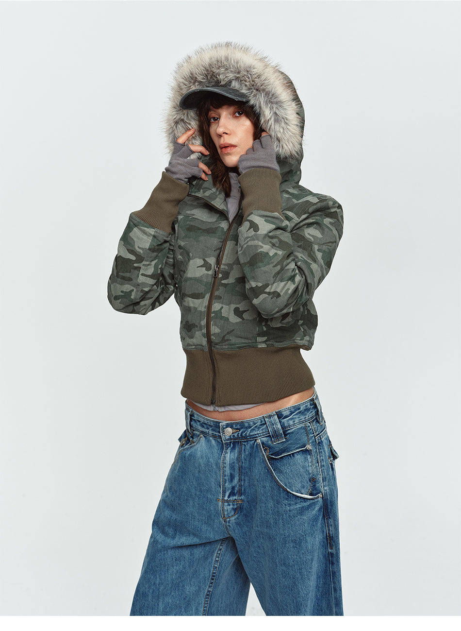 MADWITCH FAUX-FUR HOODED CINCHED CROPPED CAMO PUFFER #L2026539