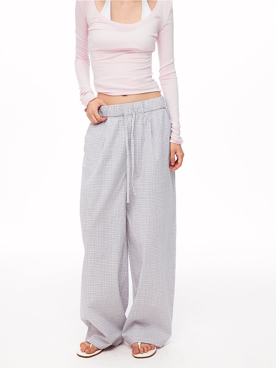 MADWITCH MINIMALIST PLAID DRAWSTRING WIDE-LEG PANTS #CK61081