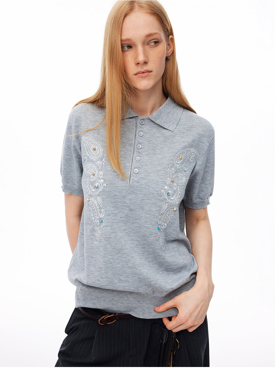 MADWITCH EMBROIDERED BEADED PAISLEY KNIT POLO #991358