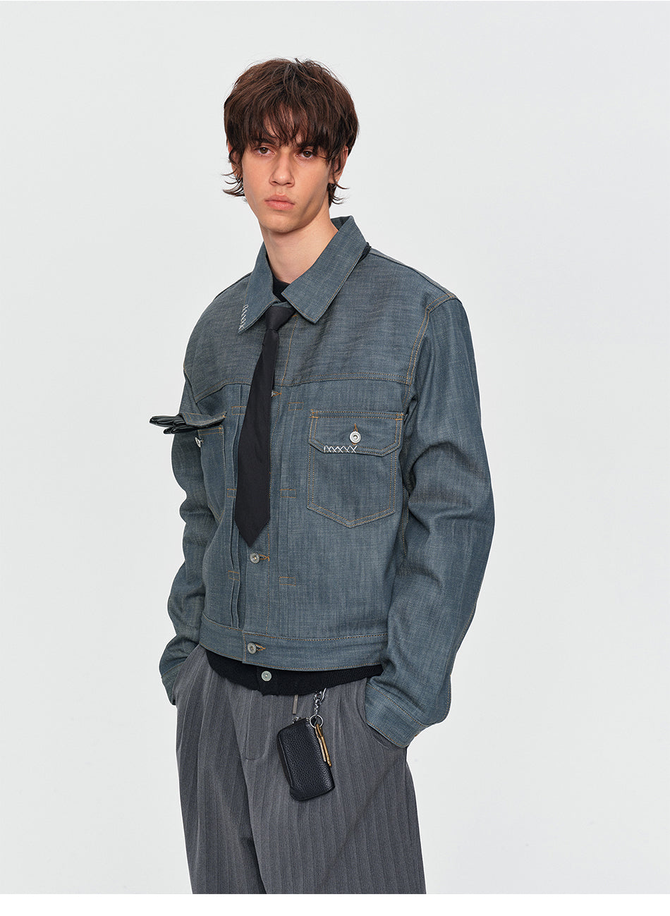MADWITCH CONTRAST-STITCH DUAL-POCKET CROPPED DENIM JACKET #2605WT3009