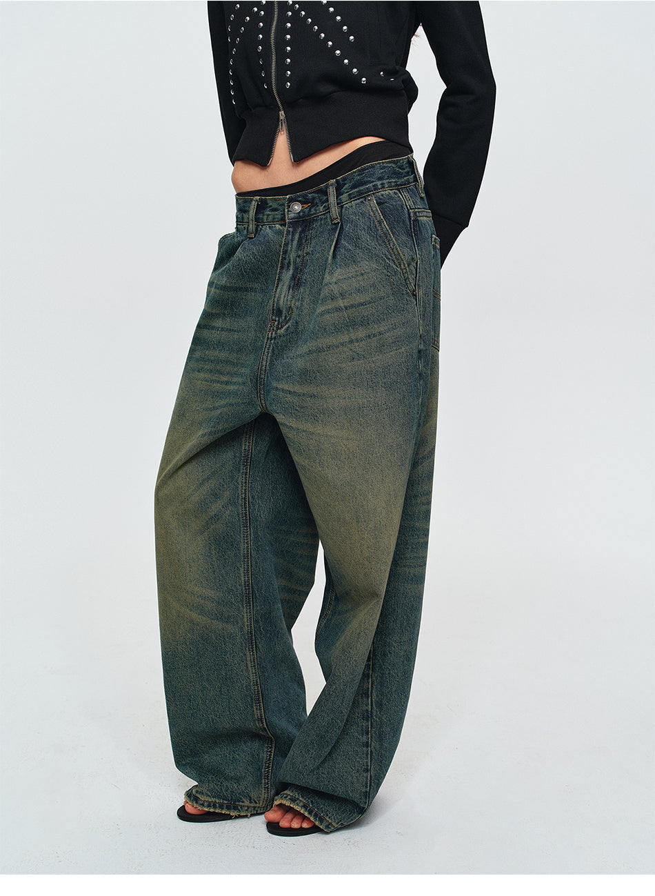 MADWITCH DOUBLE-PLEATED WASHED WIDE-LEG JEANS #CK9853