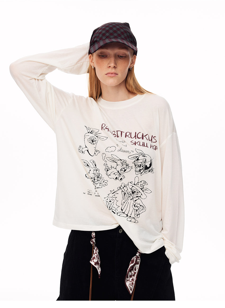 MADWITCH LOOSE RABBIT-PRINT LYOCELL LONG-SLEEVE T-SHIRT #N2191
