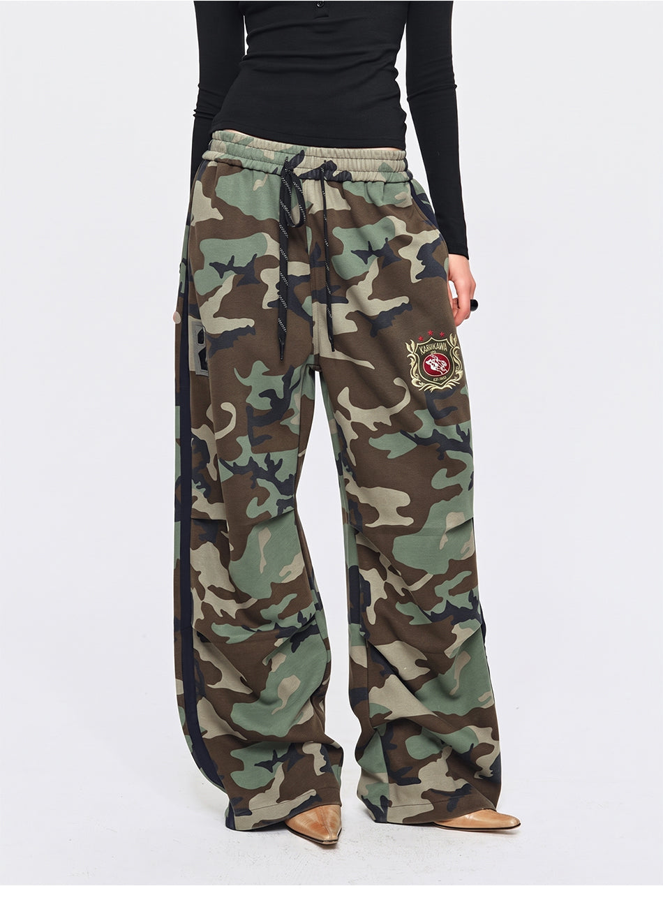 MADWITCH EMBROIDERED SIDE-STRIPE CAMO WIDE-LEG PANTS #CK61091