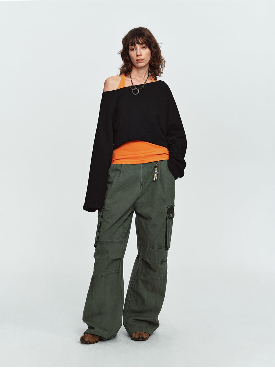 MADWITCH PLEATED CAMO-PATCHWORK WASHED CARGO PANTS #6851