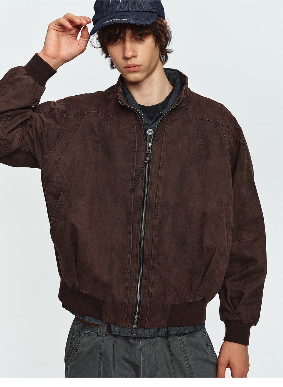 MADWITCH DISTRESSED STAND-COLLAR RIBBED-HEM CROPPED HARRINGTON JACKET #2607WT5116