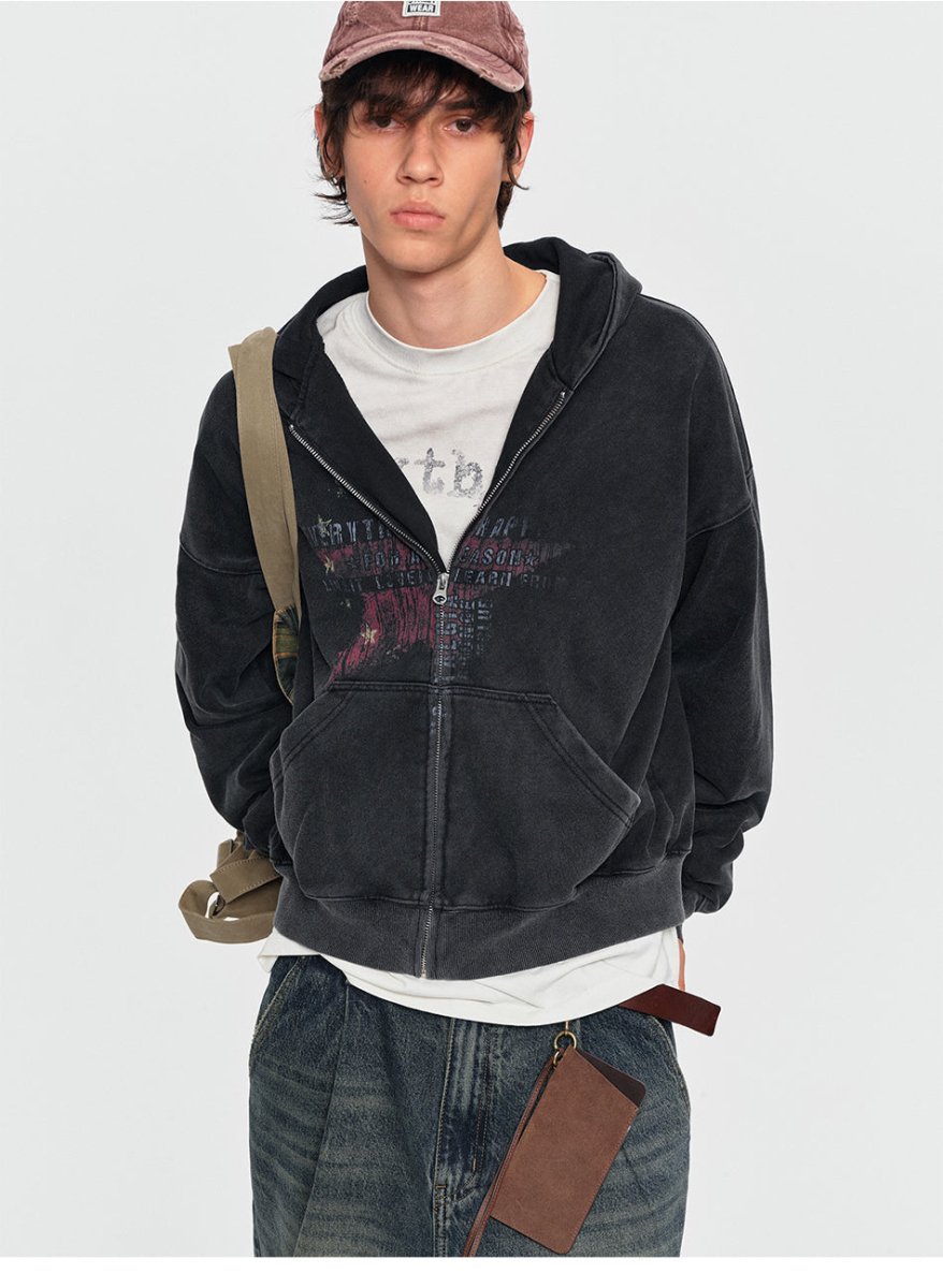 MADWITCH STAR GRAPHIC WASHED ZIP HOODIE 27561 - MadWitch Store