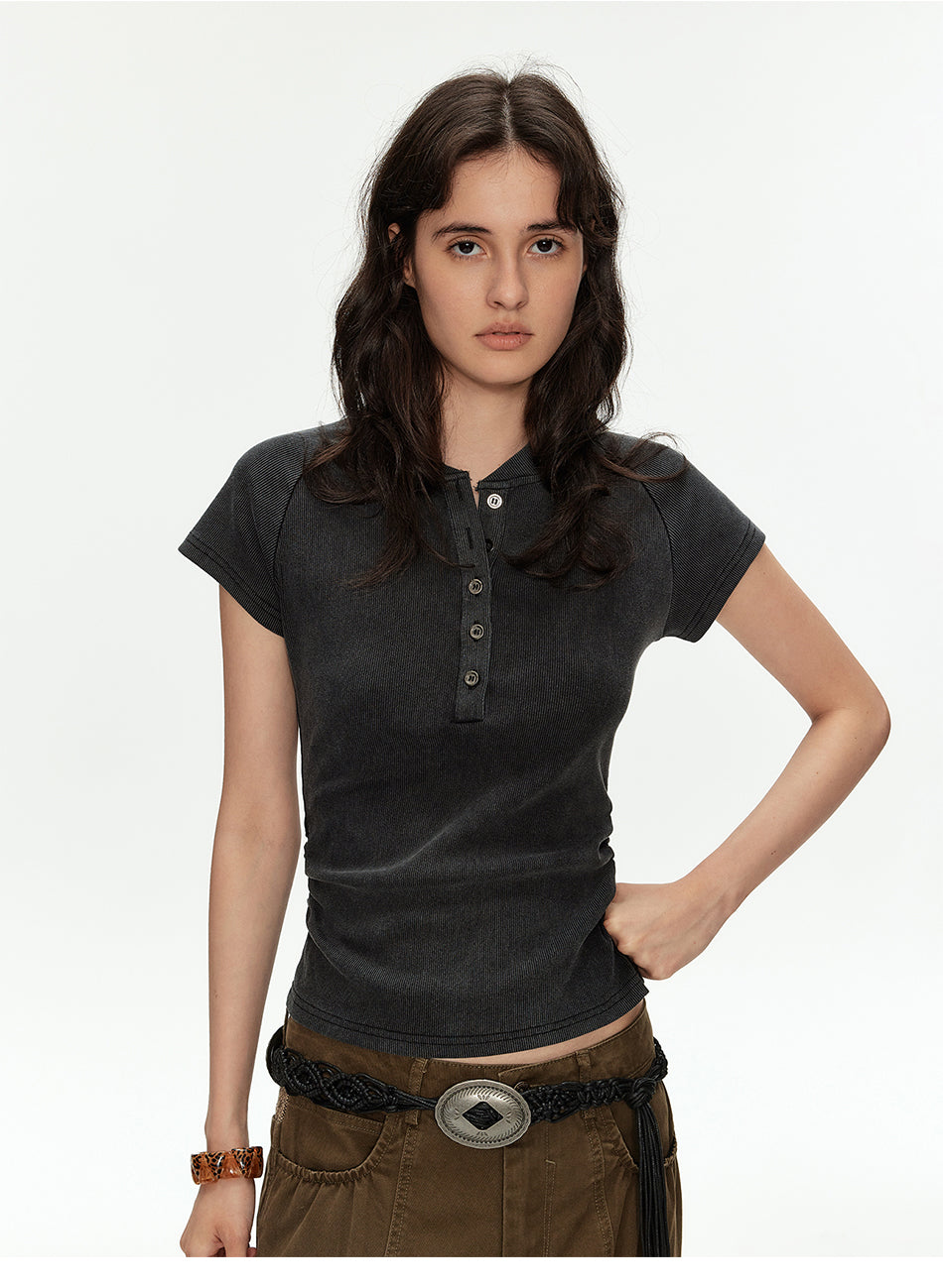 MADWITCH RIBBED HENLEY CROP TEE #G2160