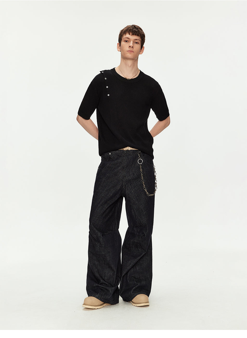 MADWITCH ASYMMETRIC BUTTON RIBBED KNIT TEE #MY26503