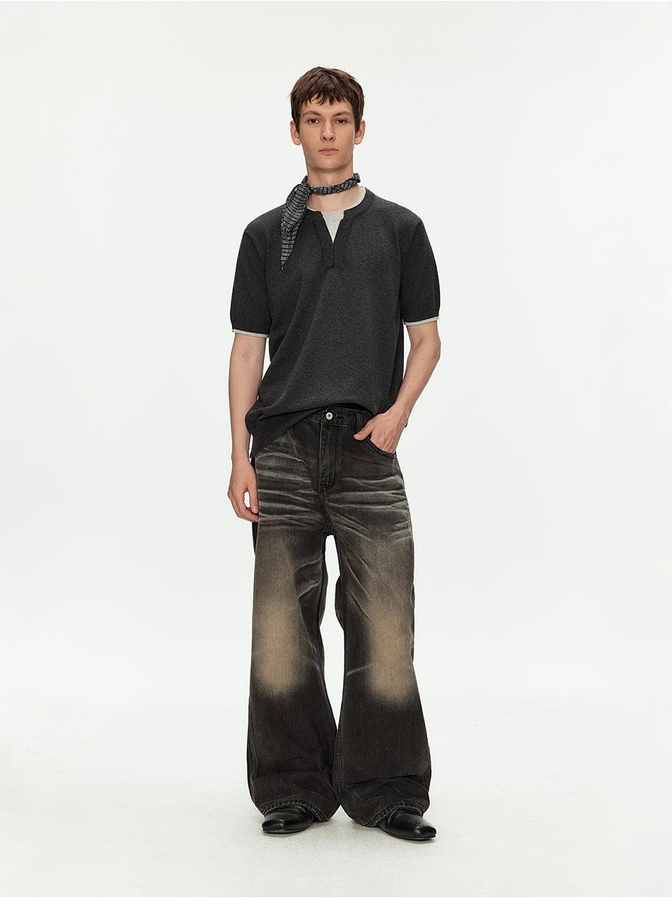 MADWITCH CONTRAST HENLEY KNIT T SHIRT #68659