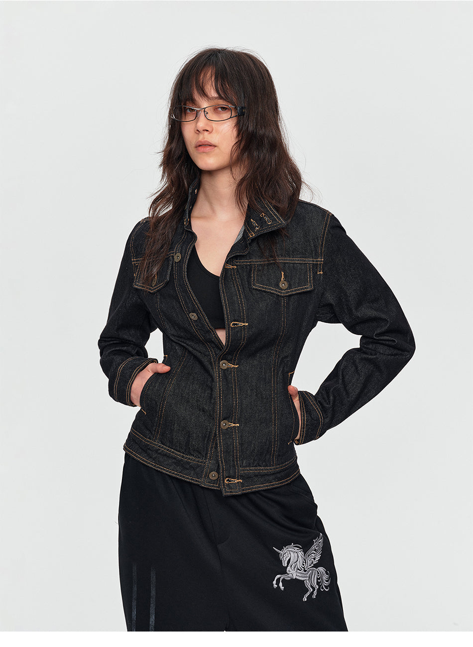 MADWITCH CONTRAST-STITCH CROPPED DENIM JACKET #Z1649