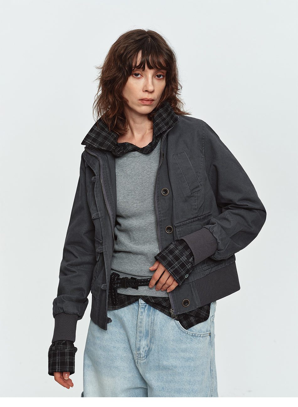 MADWITCH WASHED DISTRESSED MULTI-POCKET STAND-COLLAR CROPPED UTILITY JACKET #N606