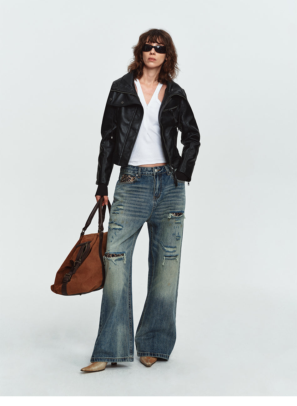 MADWITCH ASYMMETRIC-ZIP HIGH-COLLAR CROPPED FAUX-LEATHER BIKER JACKET #L2026611