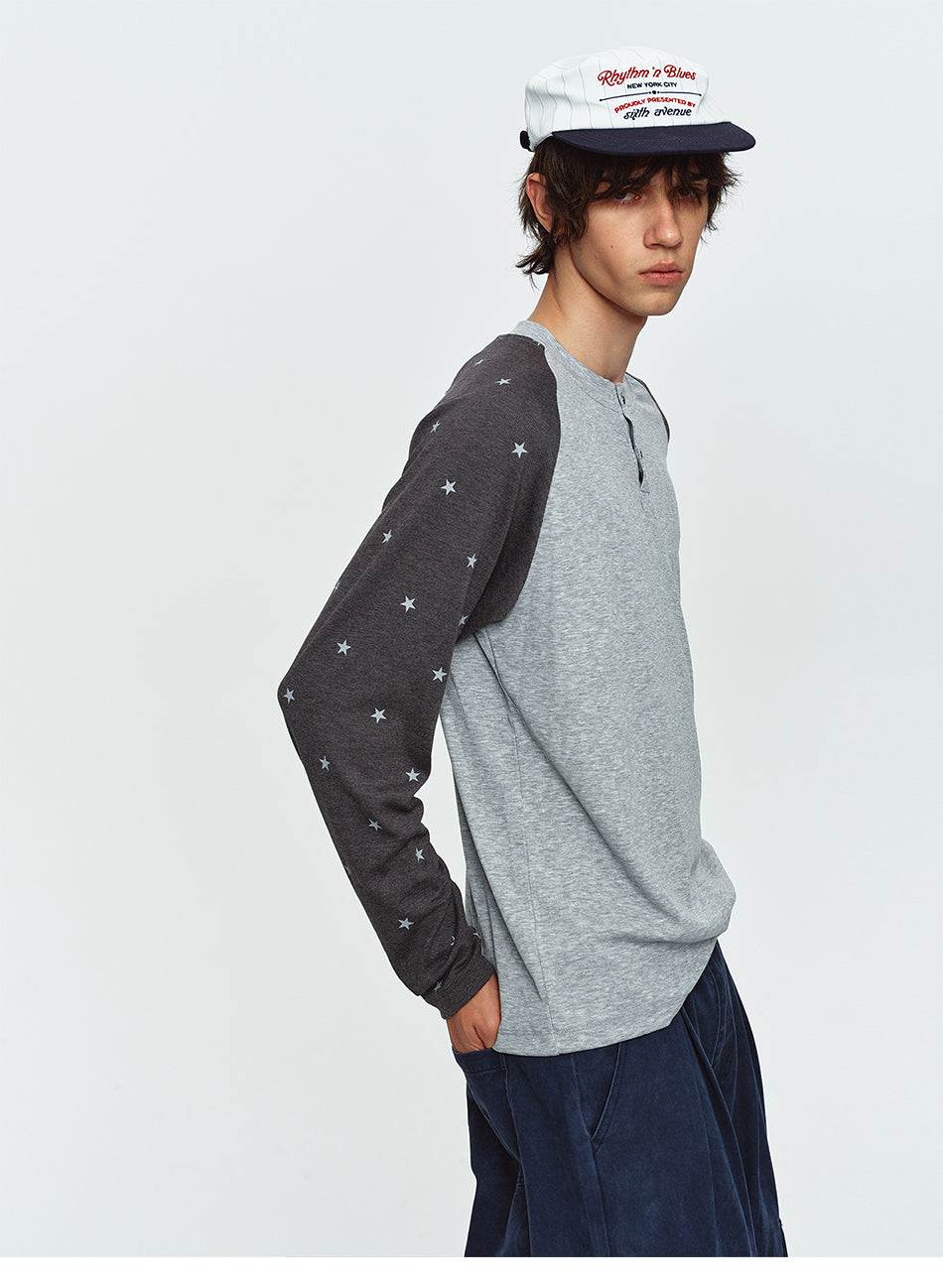 MADWITCH STAR-PRINT COLOR-BLOCK RAGLAN HENLEY TEE #2607TX5113