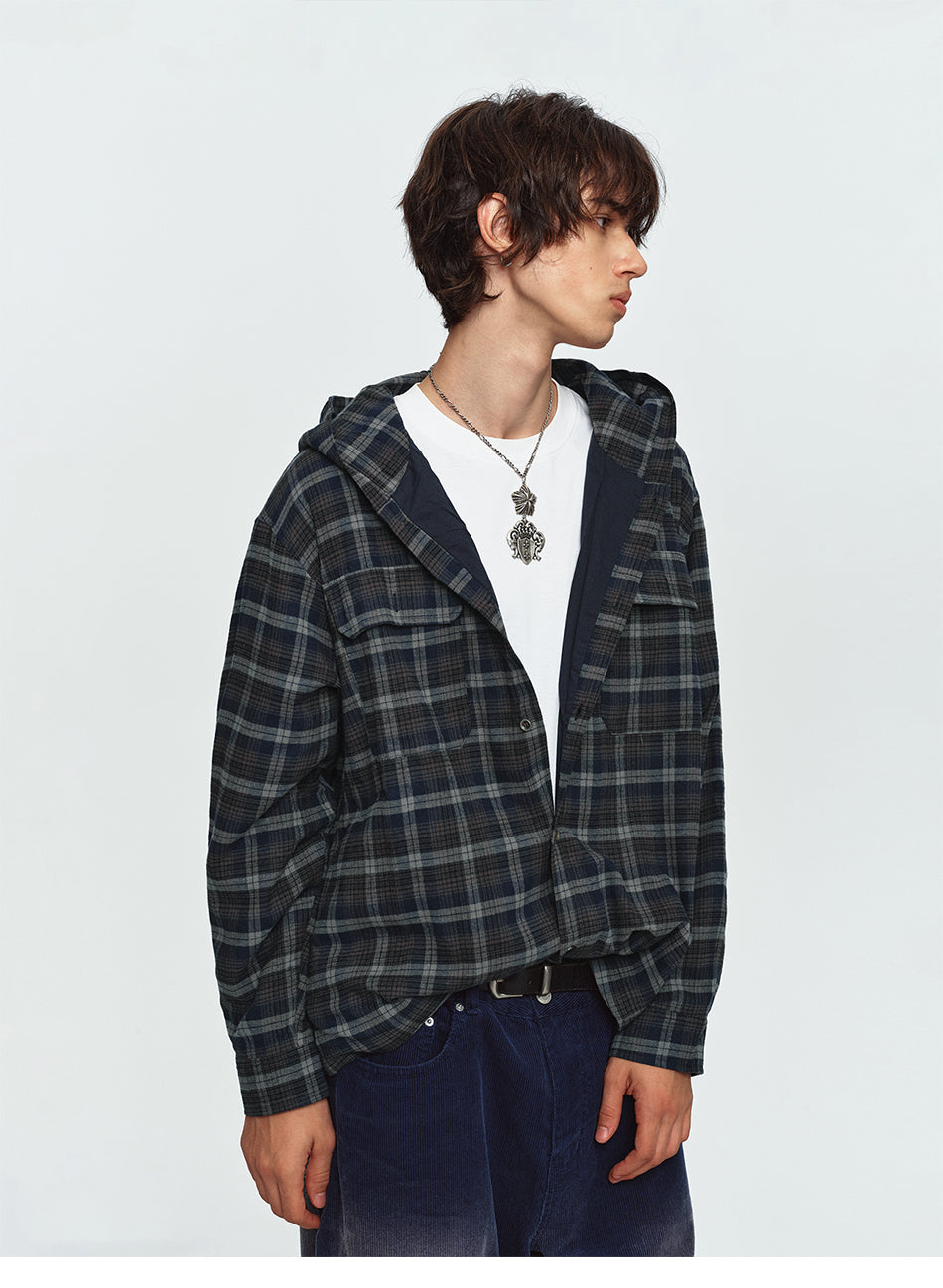 MADWITCH HOODED PLAID SHIRT JACKET #N2089