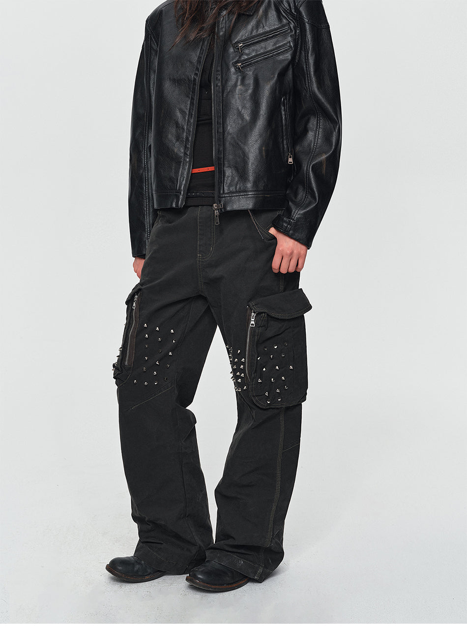 MADWITCH STUDDED WASHED MULTI-POCKET CARGO PANTS #L2026580