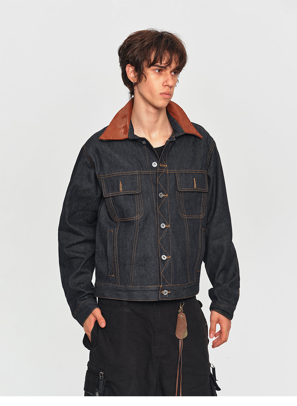 MADWITCH PONY-HAIR COLLAR DUAL-POCKET DENIM JACKET #2606WT3027
