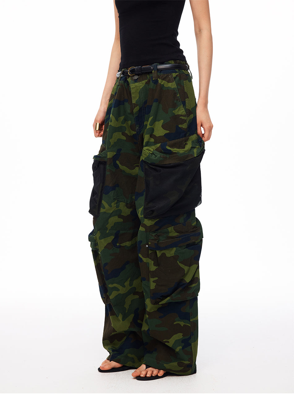 MADWITCH CAMO MESH-PANEL CARGO WIDE-LEG PANTS #CK61072