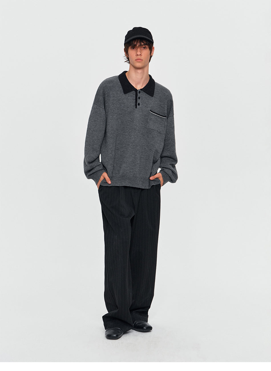 MADWITCH MARLED CONTRAST-COLLAR POLO SWEATER #AW26823