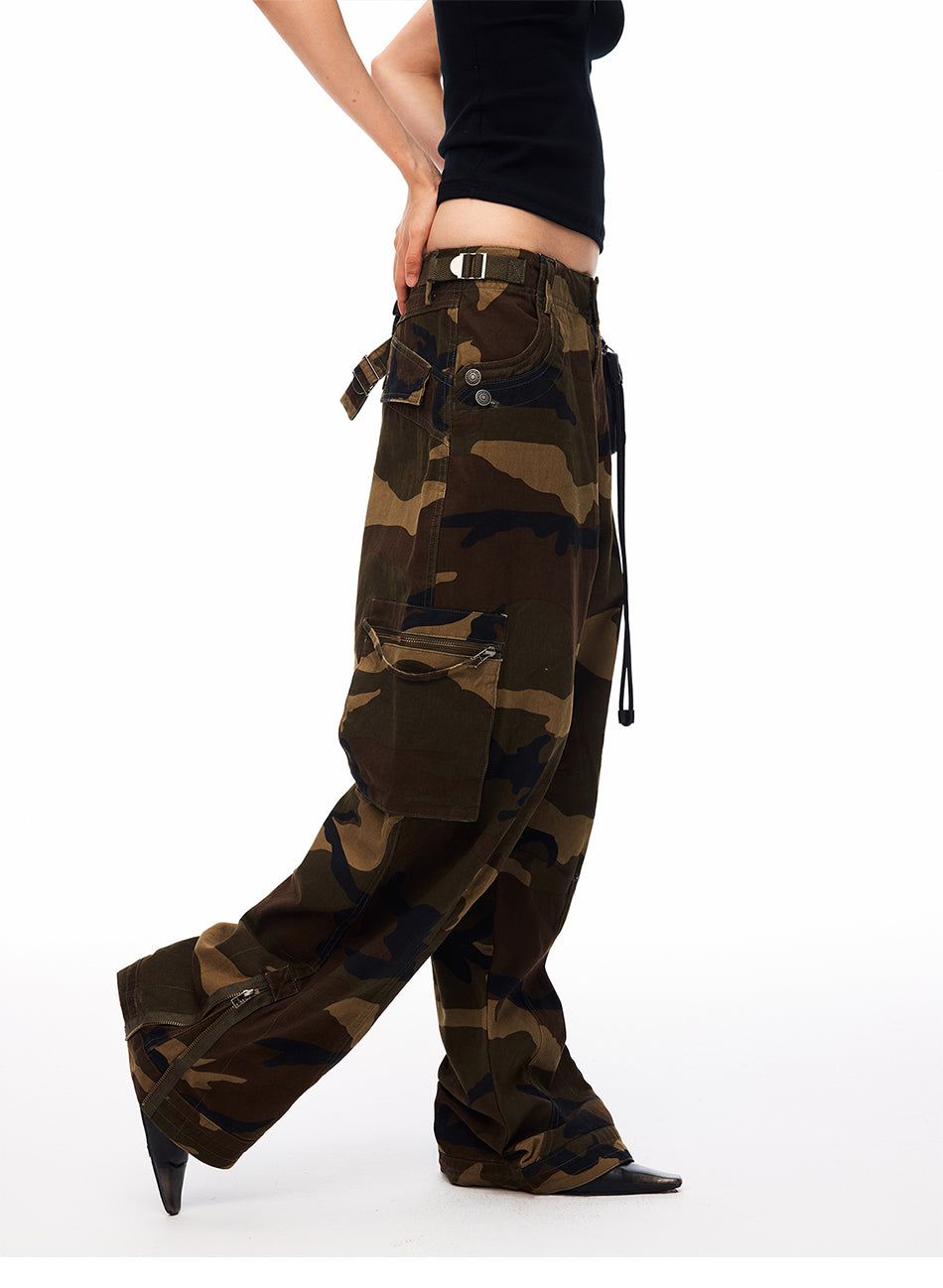 MADWITCH CAMO MULTI-POCKET BUCKLE-BACK CARGO TROUSERS #CK61026