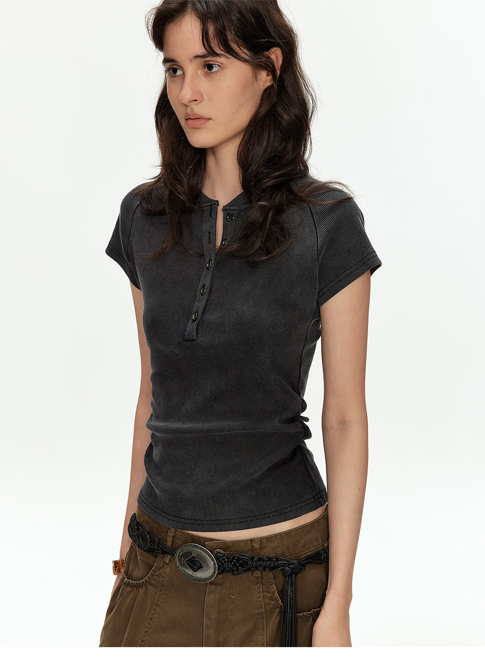 MADWITCH RIBBED HENLEY CROP TEE #G2160