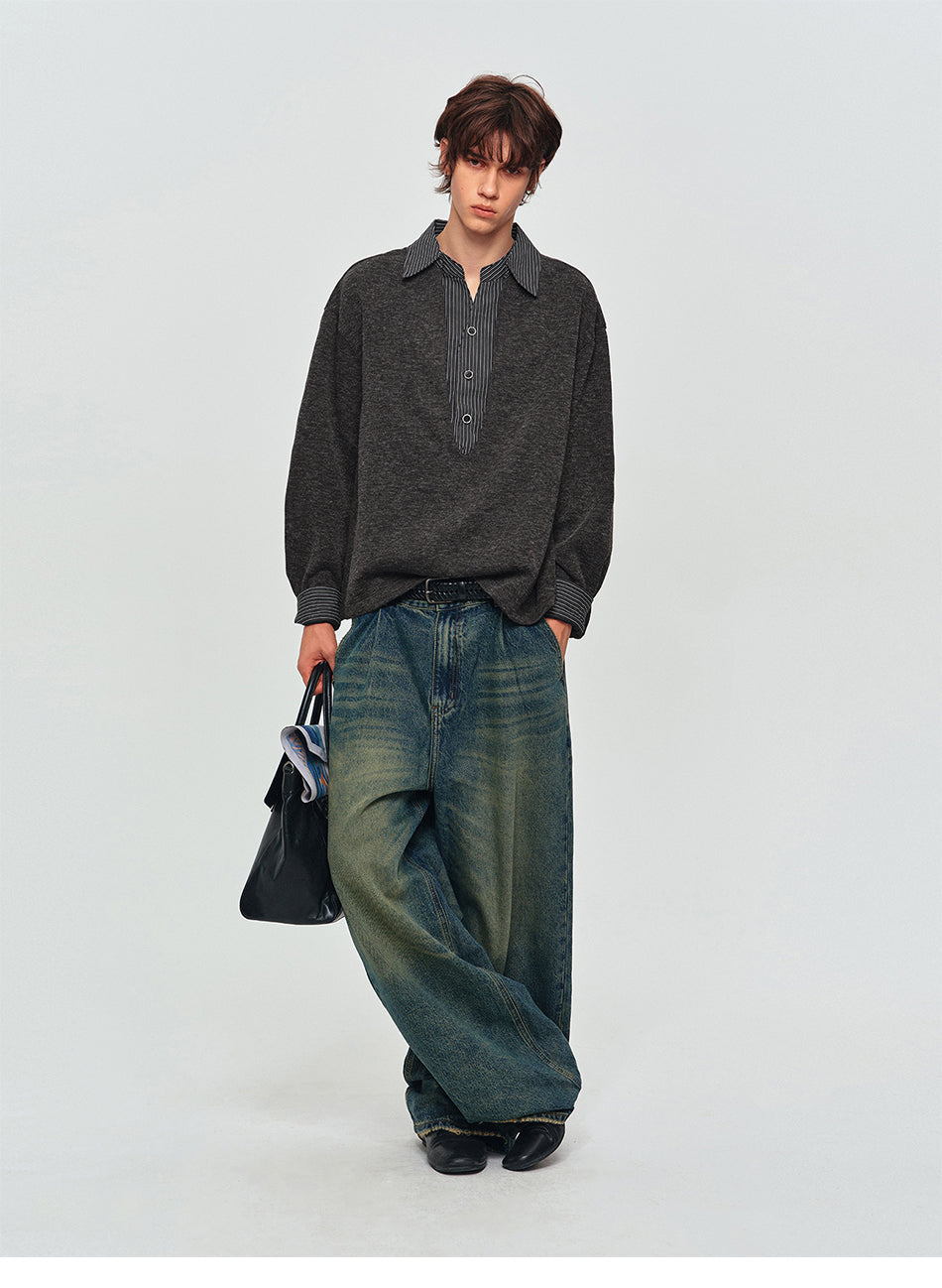 MADWITCH LAYERED CONTRAST-COLLAR POLO SWEATSHIRT #880661