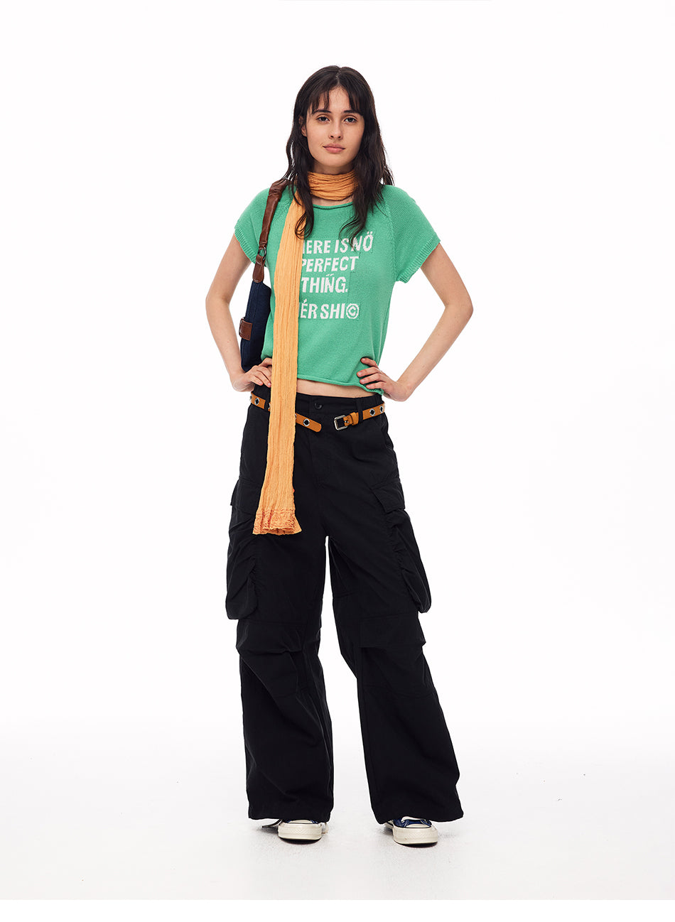 MADWITCH LETTER JACQUARD RIBBED CROPPED KNIT TEE #8787