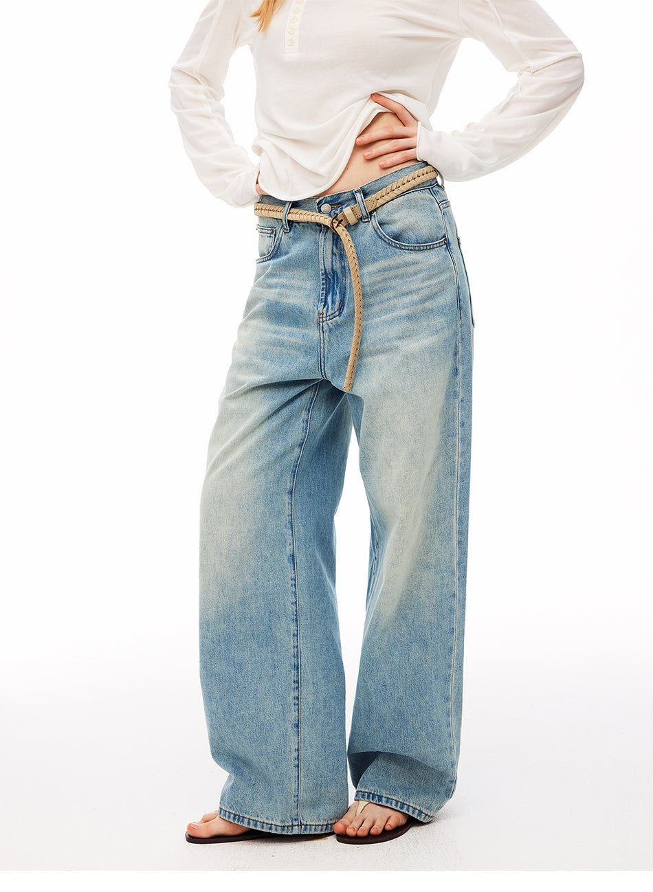 MADWITCH WASHED BUCKLE-BACK WIDE-LEG JEANS #CK9828