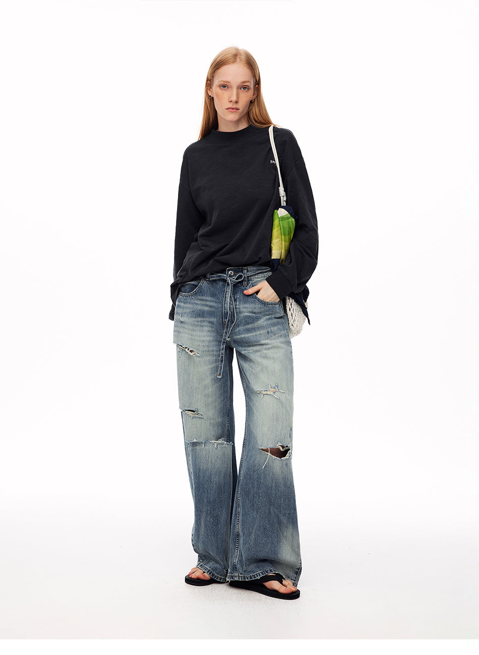 MADWITCH LOOSE LETTER-PRINT MOCK-NECK LONG-SLEEVE T-SHIRT #N2096
