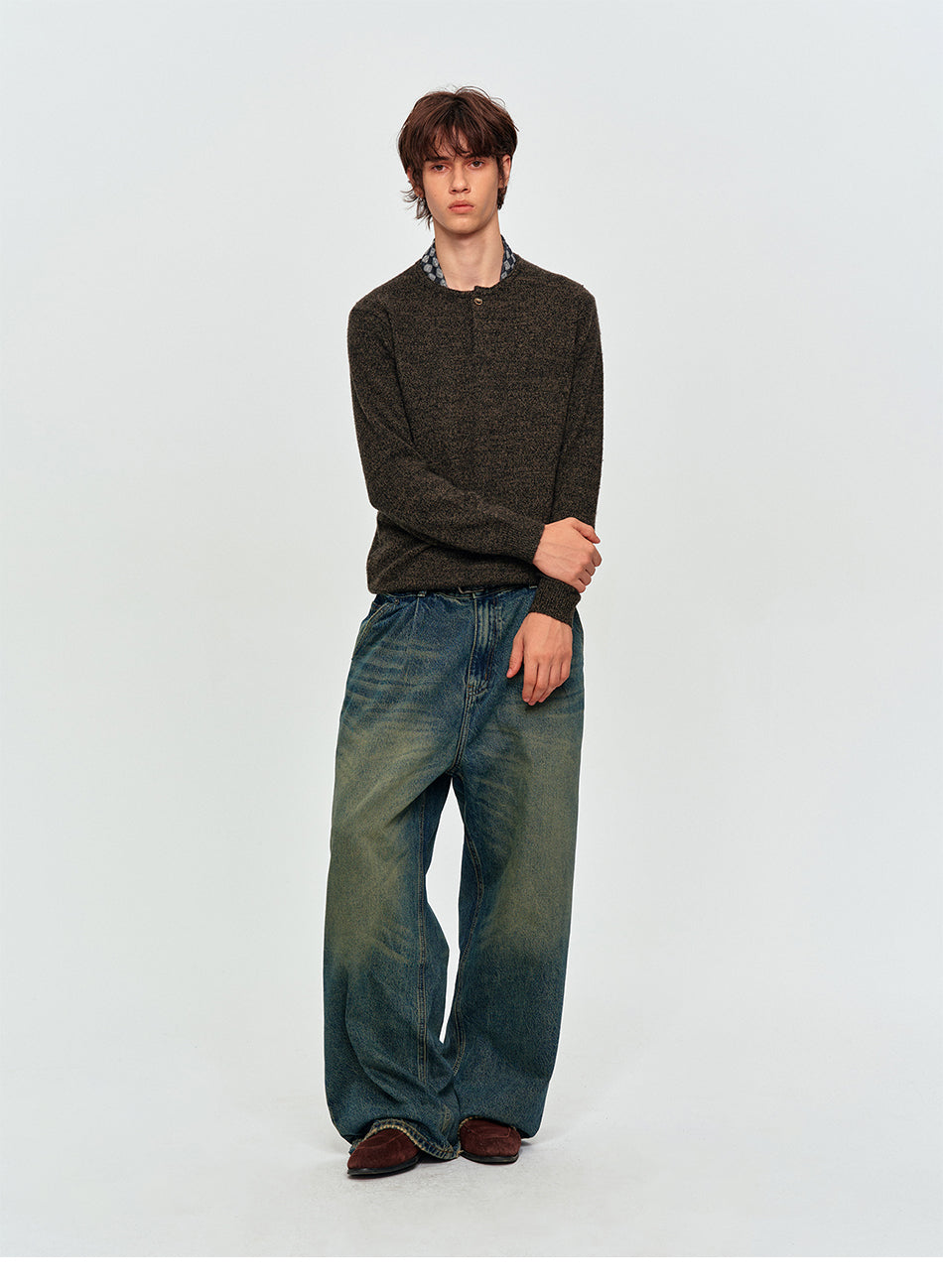 MADWITCH TEXTURED MARLED WOOL-BLEND HENLEY SWEATER #11826